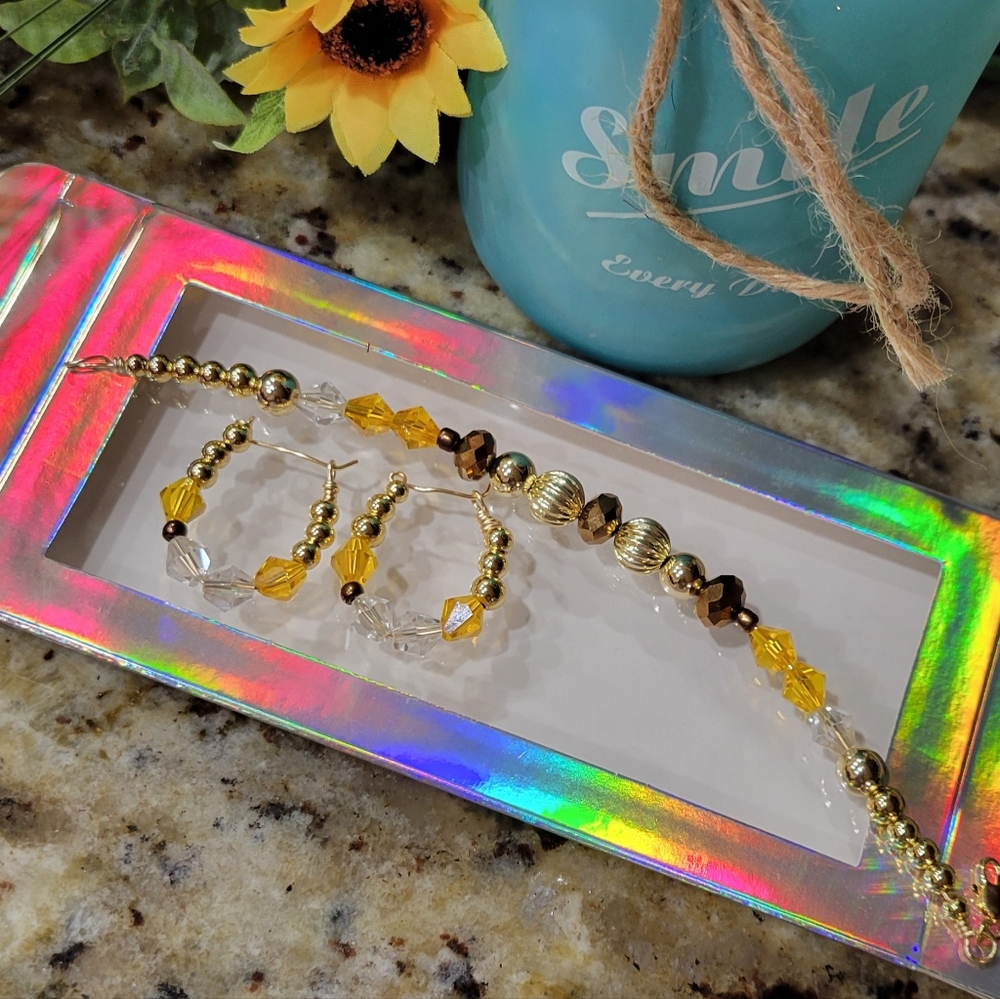 Handmade Beaded Jewlery - Butterscotch Caramel Earring Bracelet Set